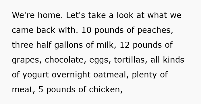 Woman documents trip to food bank, highlighting USA richest poor people receiving a variety of food items including fruits and meat.