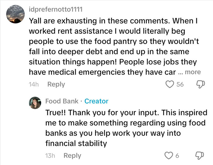 Instagram comment discussing using food banks to avoid debt, highlighting the USA richest poor people and financial stability concerns.