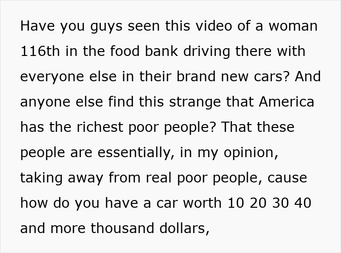 Text discussing a woman documenting her food bank trip, highlighting the concept of USA richest poor people controversy.