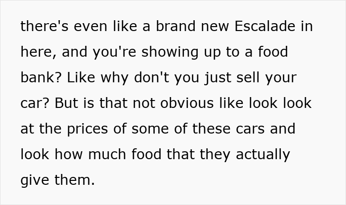 Transcript text discussing brand new Escalade car and questioning use of food bank, highlighting USA richest poor people topic.