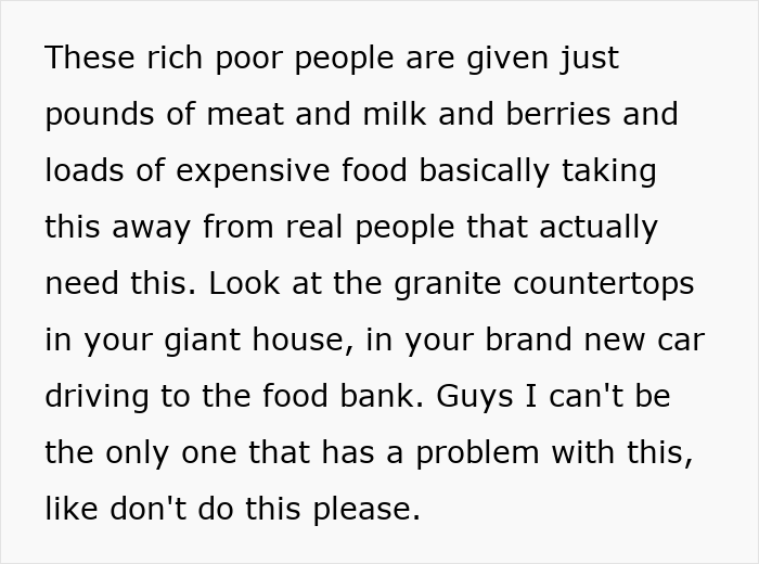 Text image showing a message about rich poor people taking expensive food from food banks, sparking outrage in the USA.