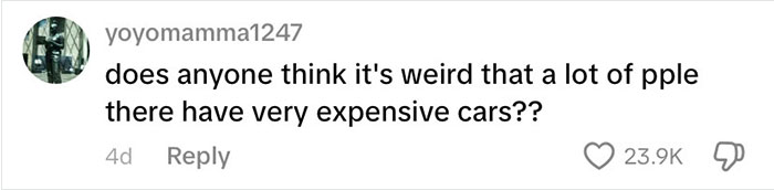 Social media comment questioning people in the USA having very expensive cars despite poverty concerns.