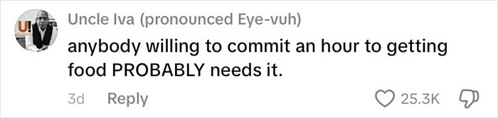 Comment by Uncle Iva stating that anyone willing to spend an hour getting food probably needs it, related to richest poor people.