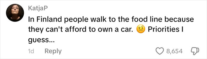 Screenshot of a comment about people in Finland walking to food lines, related to USA richest poor people and food bank visits.