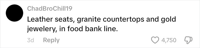 Comment highlighting leather seats, granite countertops, and gold jewelry while standing in a food bank line, reflecting richest poor people in USA.