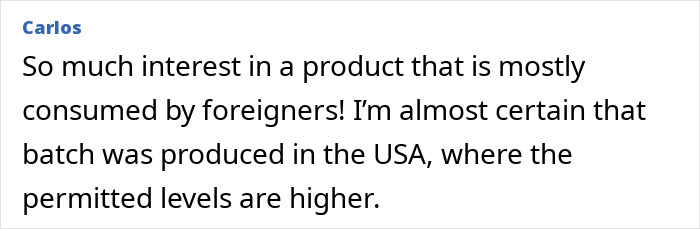 Comment from user Carlos discussing interest in a product and its production with permitted levels in the USA, related to supermarket products.