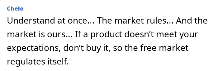 Comment by user Chelo sharing advice about market rules and consumer choices influencing supermarket products that trick shoppers.
