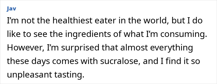 Person sharing concerns about sucralose and ingredients in supermarket products, highlighting food engineering insights.