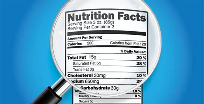 Magnified nutrition facts label showing detailed information as food engineer exposes supermarket product tricks.