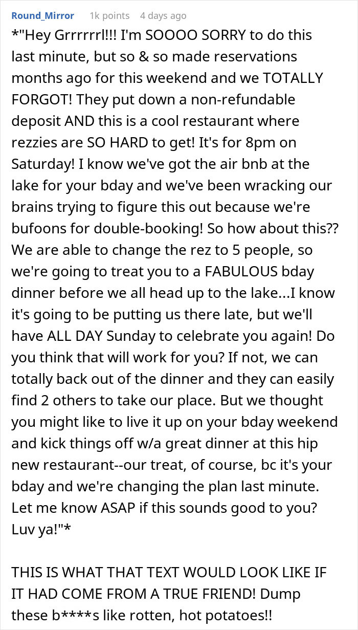 Text message showing friends canceling a birthday girl's weekend getaway to go to a dinner without her.