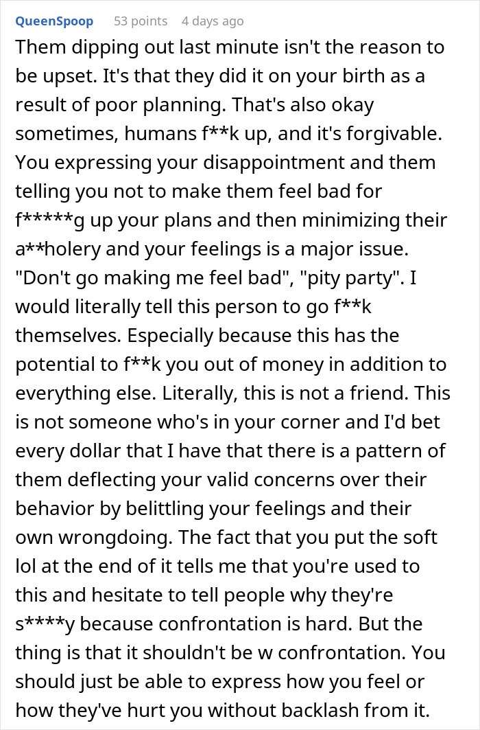 Reddit comment addressing friend group plans a getaway for the weekend and cancelling birthday girl for dinner.