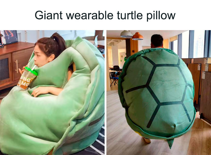 Person wearing a giant wearable turtle pillow, one of the weirdest purchases people would make in a heartbeat.