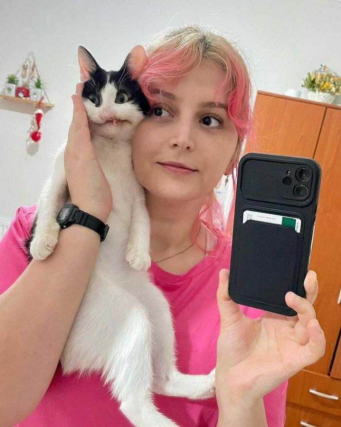 Person with pink hair holding a black and white cat making a funny face, capturing a fun moment with animals selfie.
