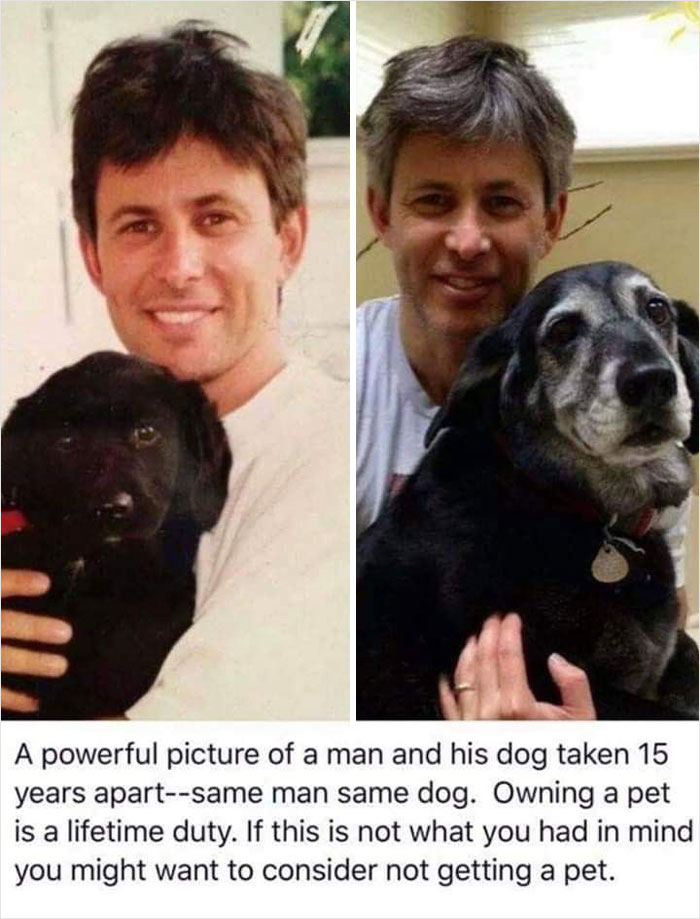 Man smiling and holding his dog in two photos taken 15 years apart, showing lifelong bond with wholesome animals.