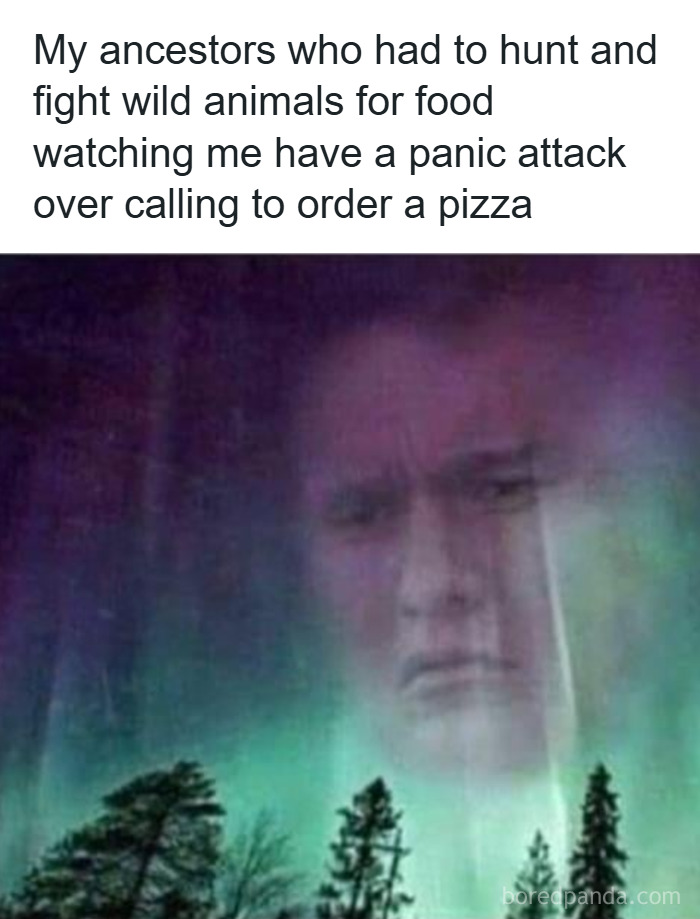 Meme showing ancestors watching in disbelief as man has a panic attack over ordering pizza, men humor meme.