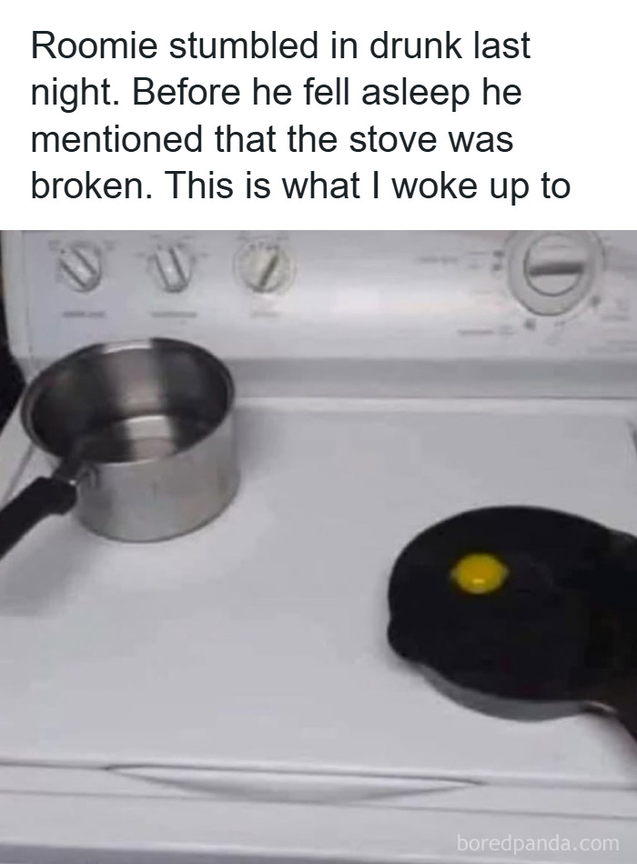 Man humor meme showing an egg c*****d on a stovetop burner with a pot nearby, illustrating funny coping moments.