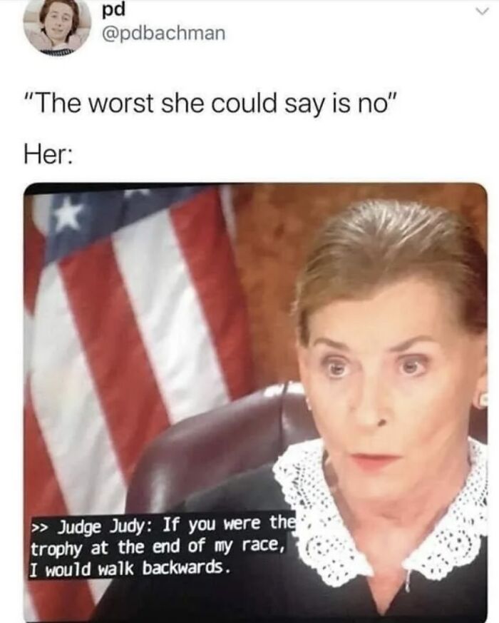 Judge Judy meme with caption about walking backwards from a trophy, illustrating men humor memes to cope with therapy.