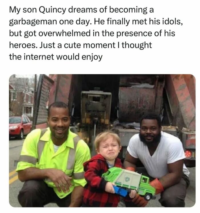 Young boy holding toy garbage truck with two garbagemen, capturing a funny and heartwarming men humor moment.