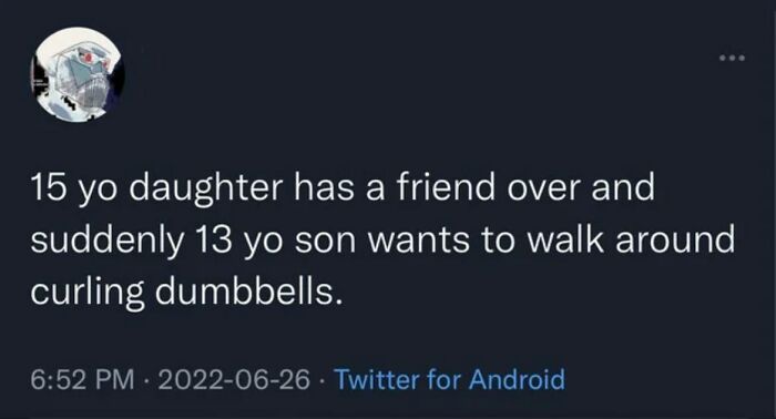 Text post showing men humor meme about a 13-year-old son curling dumbbells to cope instead of going to therapy.