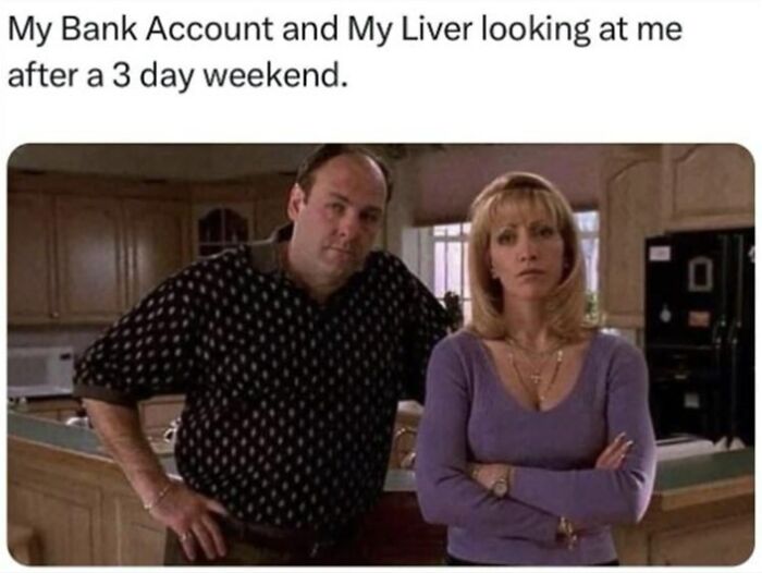 Two serious-looking adults in a kitchen representing men humor memes about bank account and liver after a long weekend.