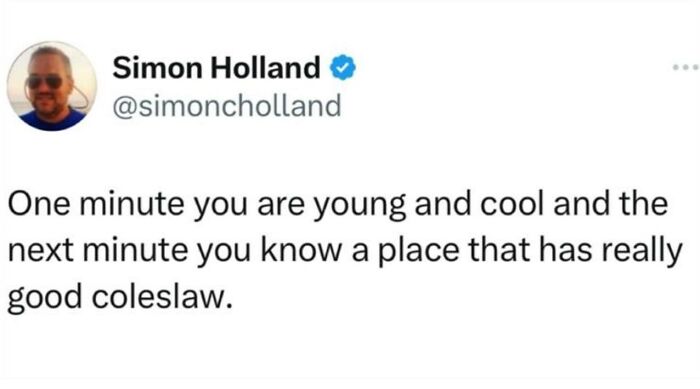 Tweet by Simon Holland about aging humor reflecting men humor memes coping with life instead of therapy