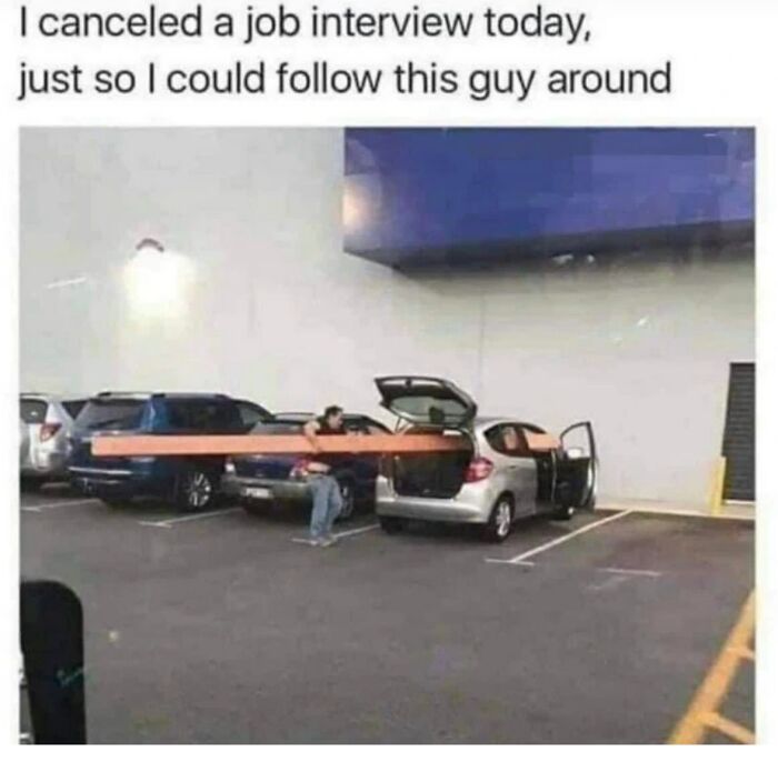 Man canceling job interview to follow another guy around, illustrating men humor coping memes in a parking lot setting.