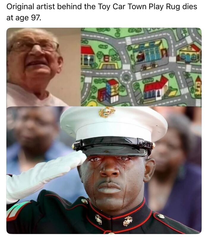 Elderly man smiling beside a toy car town play rug with a soldier in uniform saluting with tears, men humor meme.