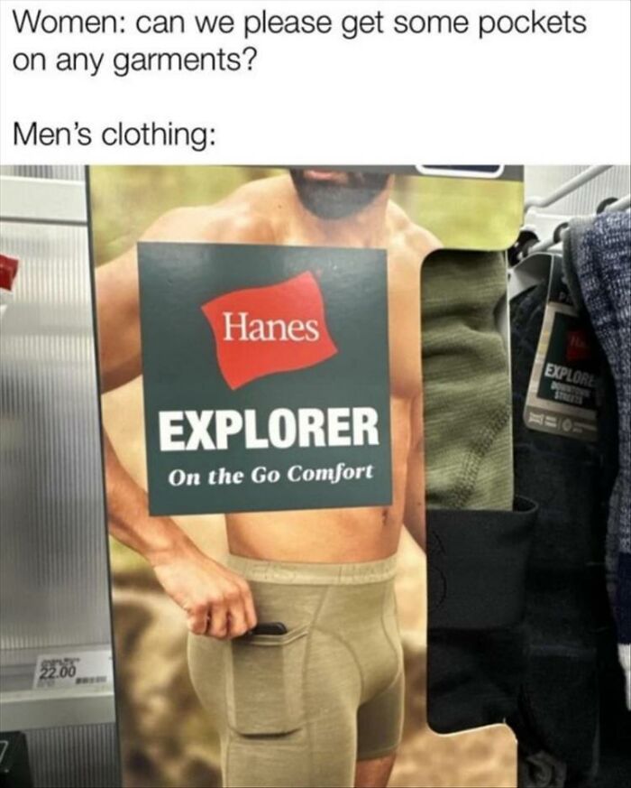 Men humor meme showing men's clothing with a small pocket, highlighting the lack of practical pockets in men's garments.