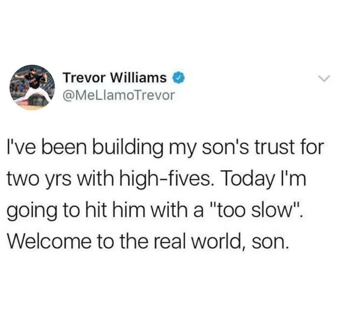 Tweet from Trevor Williams humorously describing building his son's trust with high-fives as part of men humor memes.