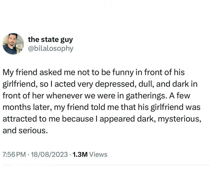 Tweet about a man using humor and a dark, mysterious attitude to cope, featuring men humor memes.