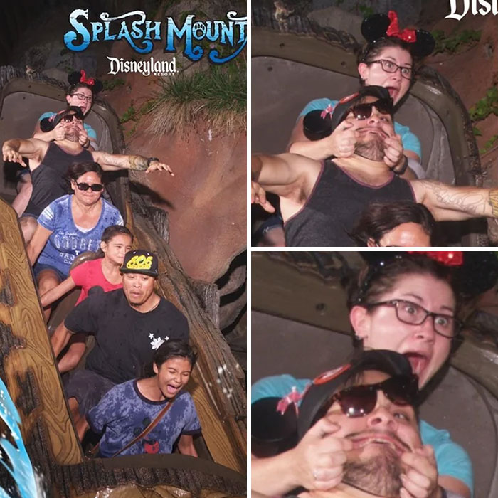 Group of people on a Splash Mountain log ride at Disneyland with funny expressions, best photos from an amusement park trip