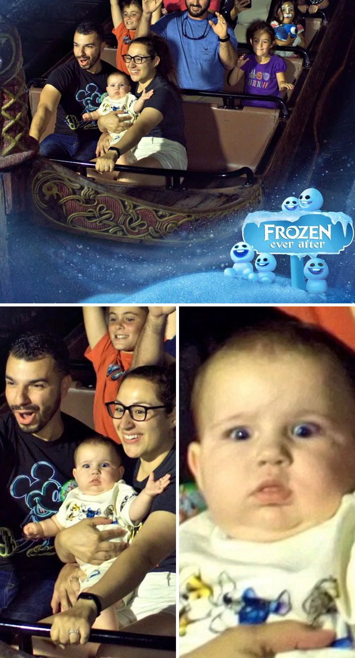 Family with baby enjoying a Frozen Ever After ride at an amusement park captured in fun photos after a trip.