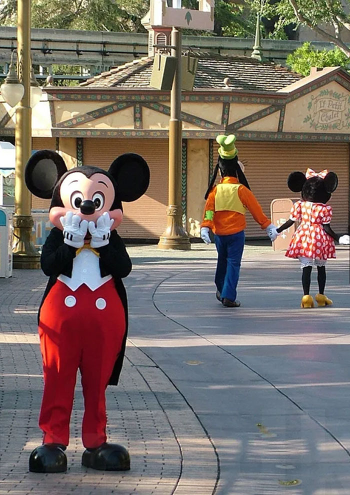 Mickey Mouse character posing playfully with Goofy and Minnie Mouse walking away at amusement park trip photo.