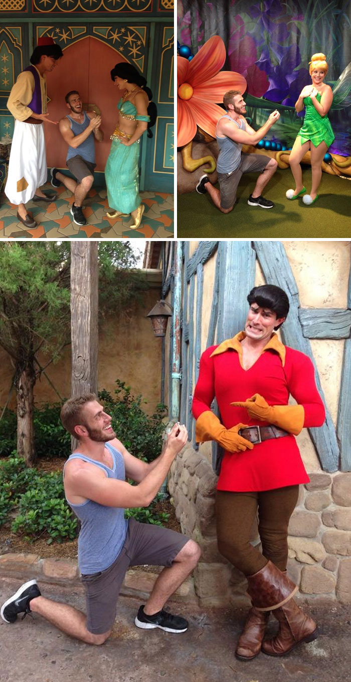 Man posing with amusement park characters pretending to propose in creative photos from an amusement park trip.