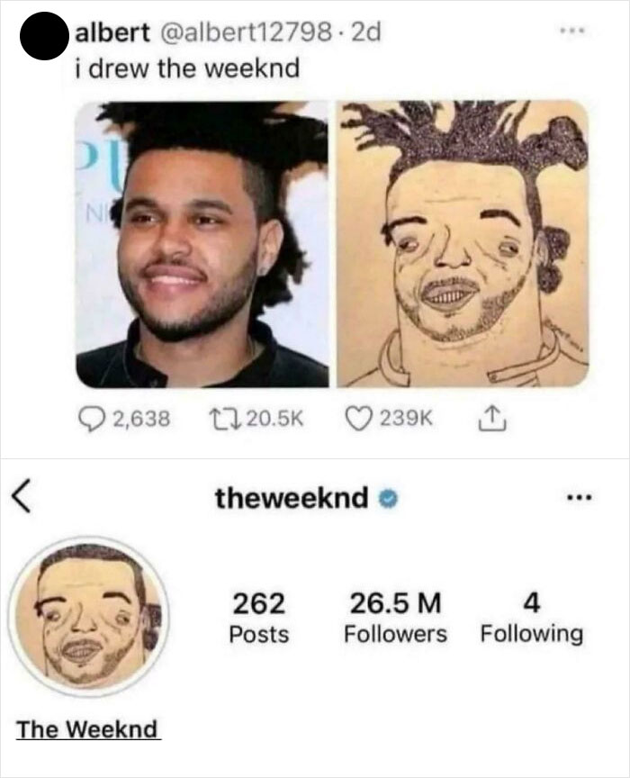 Meme showing a humorous and bizarre drawing of The Weeknd side by side with his photo, blending the holy and cursed.