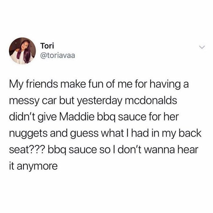 Tweet about messy car and BBQ sauce, part of funny British jokes and memes that hit harder than London rent prices.