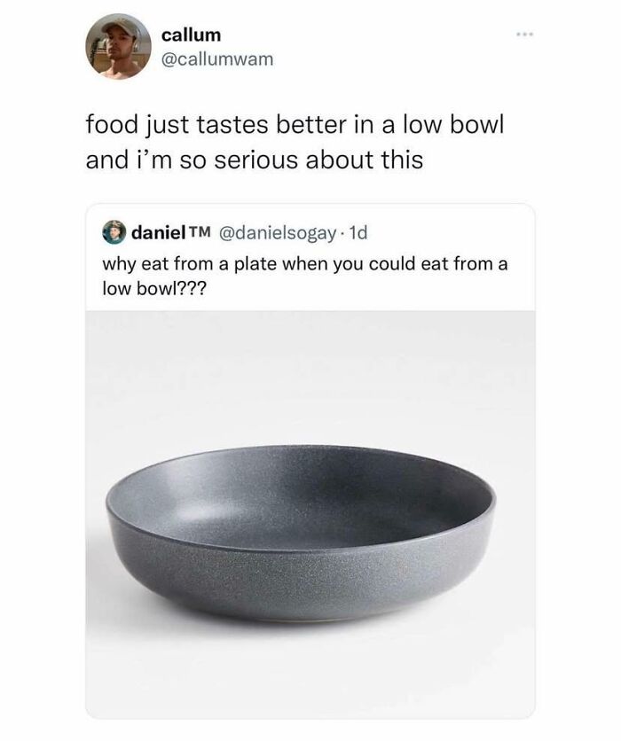 Funny British joke meme about eating food from a low bowl instead of a plate with humor and wit.