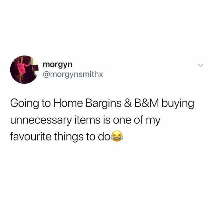 Social media post from morgyn about enjoying buying unnecessary items at British stores, featuring funny British jokes and memes.