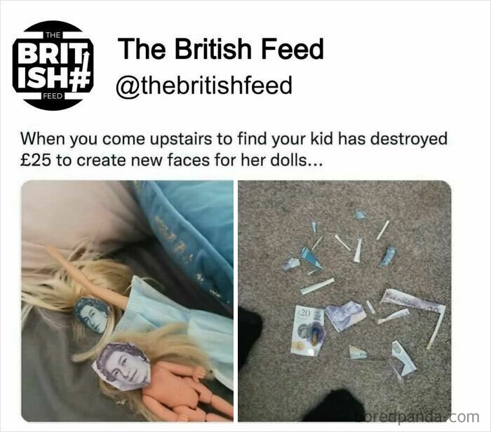 Child replaces doll faces with British currency, humorously reflecting on British jokes and memes about money and rent prices.