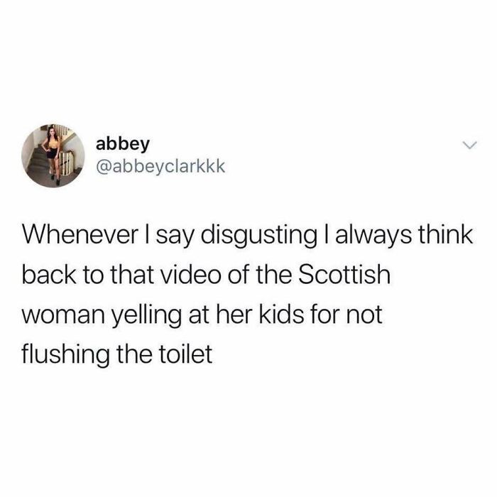 Screenshot of a British joke tweet about a Scottish woman yelling at her kids for not flushing the toilet, highlighting British jokes.