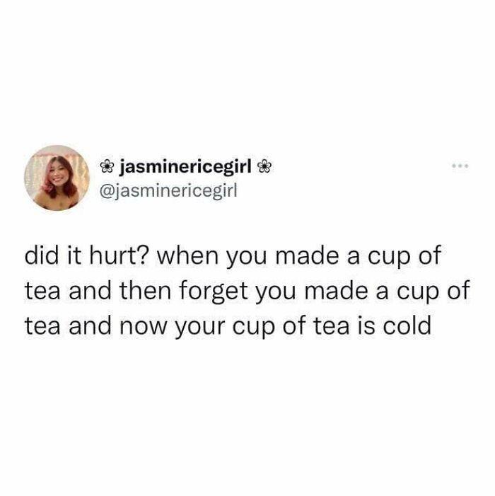 British joke text about making tea, forgetting it, and now having a cold cup of tea in a relatable meme format.