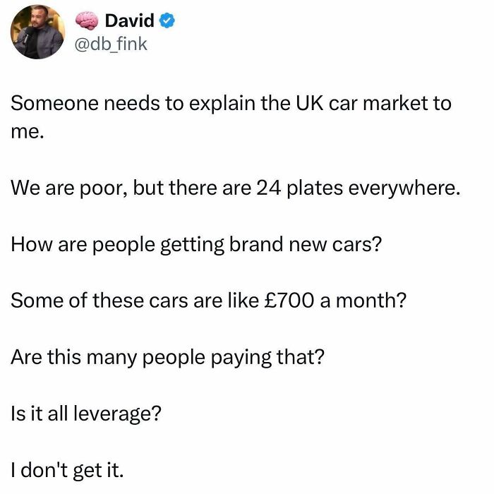 British joke about the UK car market and high costs, featured in funny British jokes and memes about rent prices.