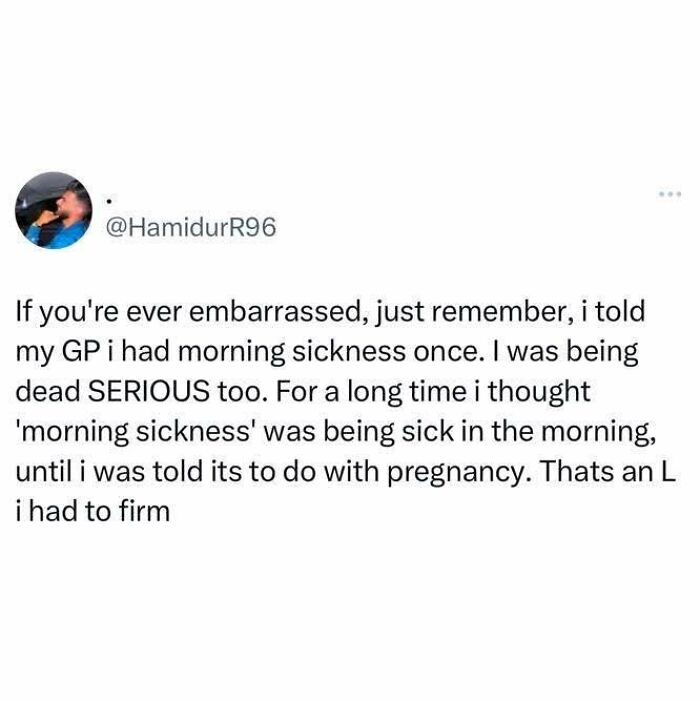 Tweet about misunderstanding morning sickness, shown as part of funny British jokes and memes highlighting everyday humor.