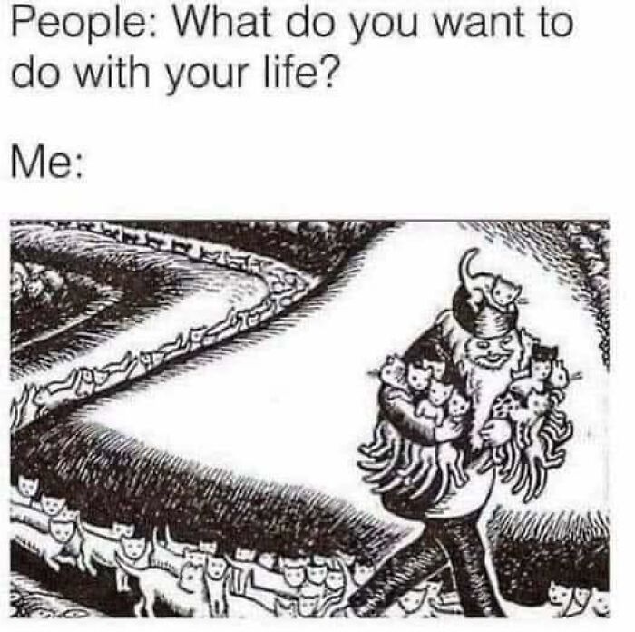 Black and white illustration of a person happily surrounded by many cats, perfect for cute cat memes content.