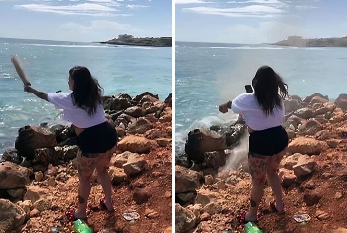 Woman influencer throwing an object into the ocean from rocky shore, captured in two action shots by the water.