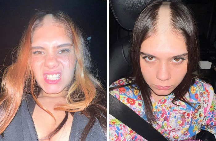 Two influencers making outrageous facial expressions and hairstyles in dimly lit casual settings, showing ridiculous behavior.