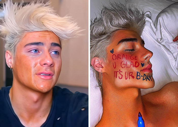 Young influencer with bleached hair showing a makeup fail and face writing in a casual indoor setting.
