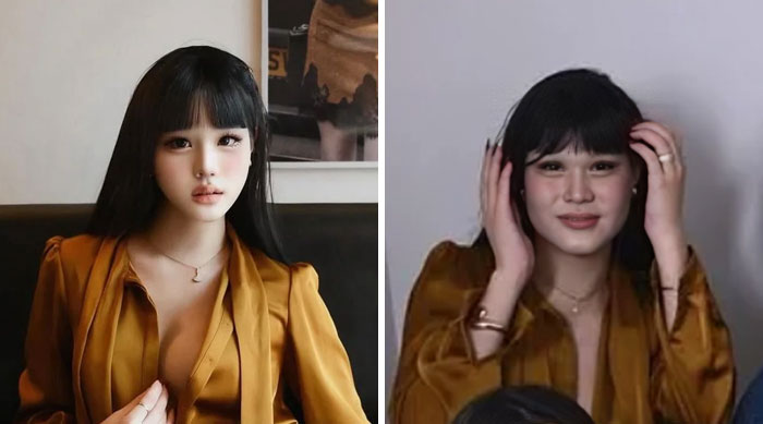 Side-by-side images of an influencer wearing a mustard blouse, showing a posed and candid moment for influencer call out content.