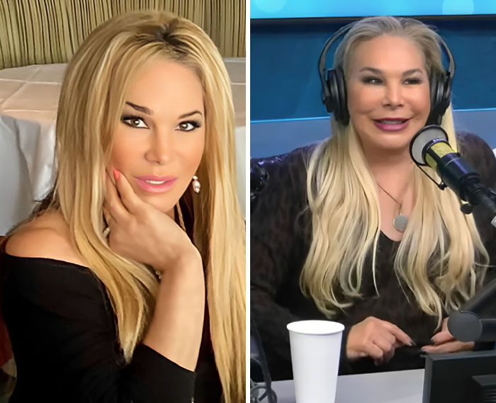 Blonde influencer posing with hand on face and speaking into microphone during a podcast recording session.