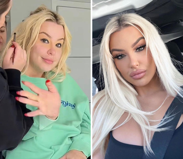 Blonde influencers getting makeup and posing confidently, showcasing popular influencer looks and styles.